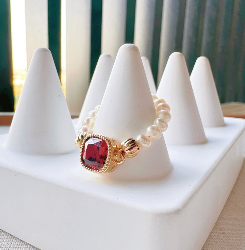 天然珍珠紅鋯石戒指 - 戒指 - 珍珠 紅色