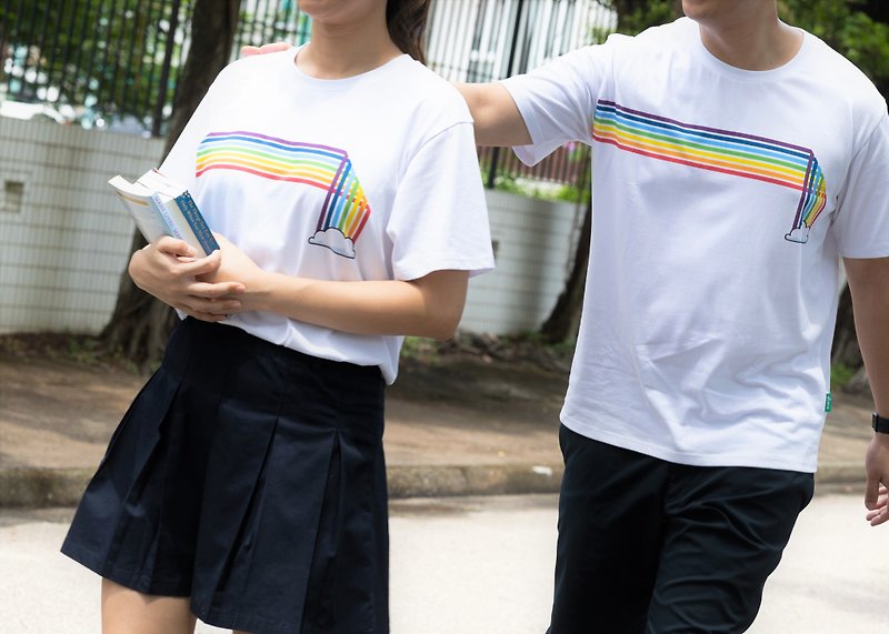 雲端彩虹系列 - 奔跑彩虹T恤 - 帽T/大學T - 棉．麻 白色