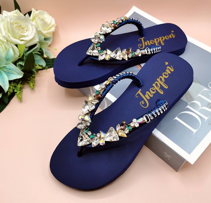 Jeweled Flip Flops Bling Flip Flops Navy Blue Rhinestone Sandals Beach Sandals - 拖鞋 - 其他材質 藍色
