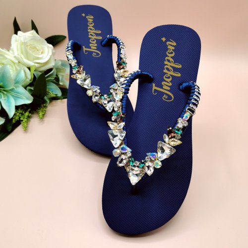 Navy blue flip flops clearance with bling