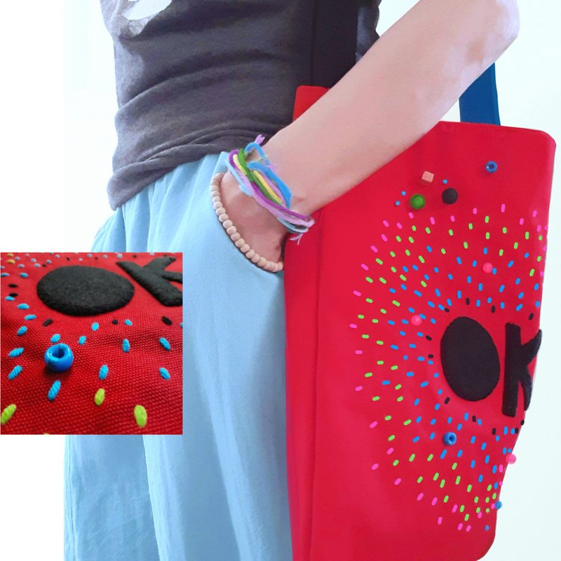 12x13.5 inch tote. Fun and original with hand-stitched design with felt, beads - 手提包/手提袋 - 其他材質 紅色