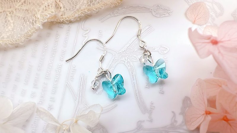 | Butterfly | Earrings sterling silver ear hook painless Clip-On Swarovski crystal Teal cloud dream out of print - ต่างหู - วัสดุอื่นๆ หลากหลายสี