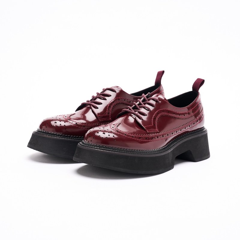 VATIC WINGTIP BROGUES SHOES POLISHED BURGUNDY 45mm thick-soled leather shoes - รองเท้าหนังผู้ชาย - หนังแท้ สีดำ