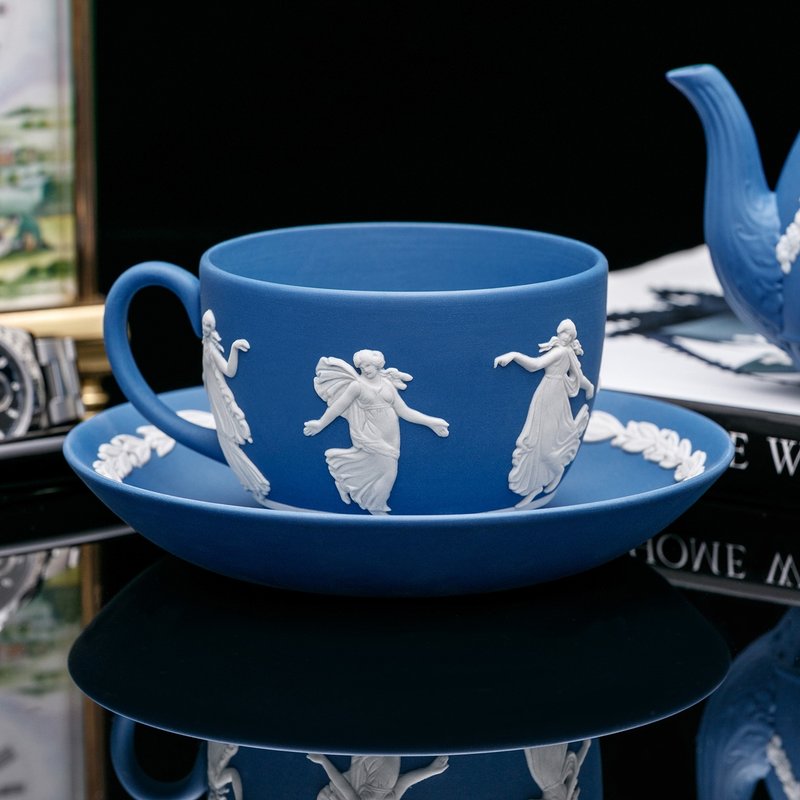 British made wedgwood Jasper rare dancing goddess ceramic coffee cup tray afternoon tea cup set - แก้วมัค/แก้วกาแฟ - เครื่องลายคราม 