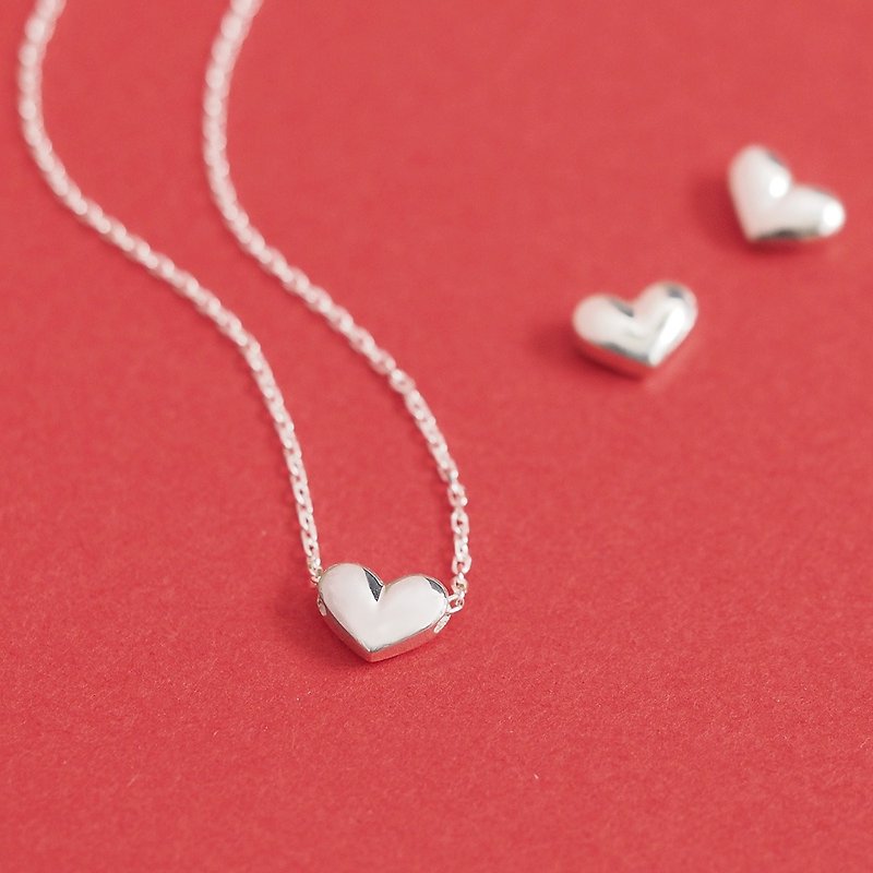 2 pieces set) 3D Heart Necklace Earrings Set Silver 925 - สร้อยคอ - โลหะ สีเงิน