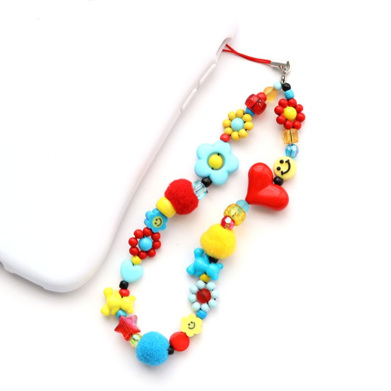 Phone strap - Red Blue Yellow smiley daisy phone chain - phone charm - ที่ห้อยกุญแจ - เส้นใยสังเคราะห์ สีแดง