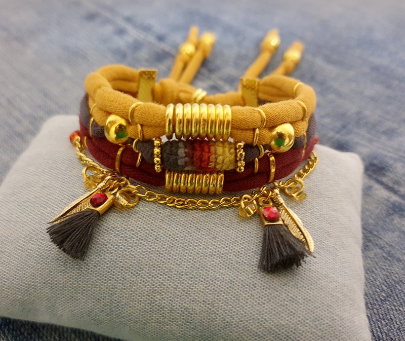 Boho Bracelet Gypsy Style Bohemian Jewelry Yellow Red Grey - สร้อยข้อมือ - ผ้าฝ้าย/ผ้าลินิน สีเหลือง