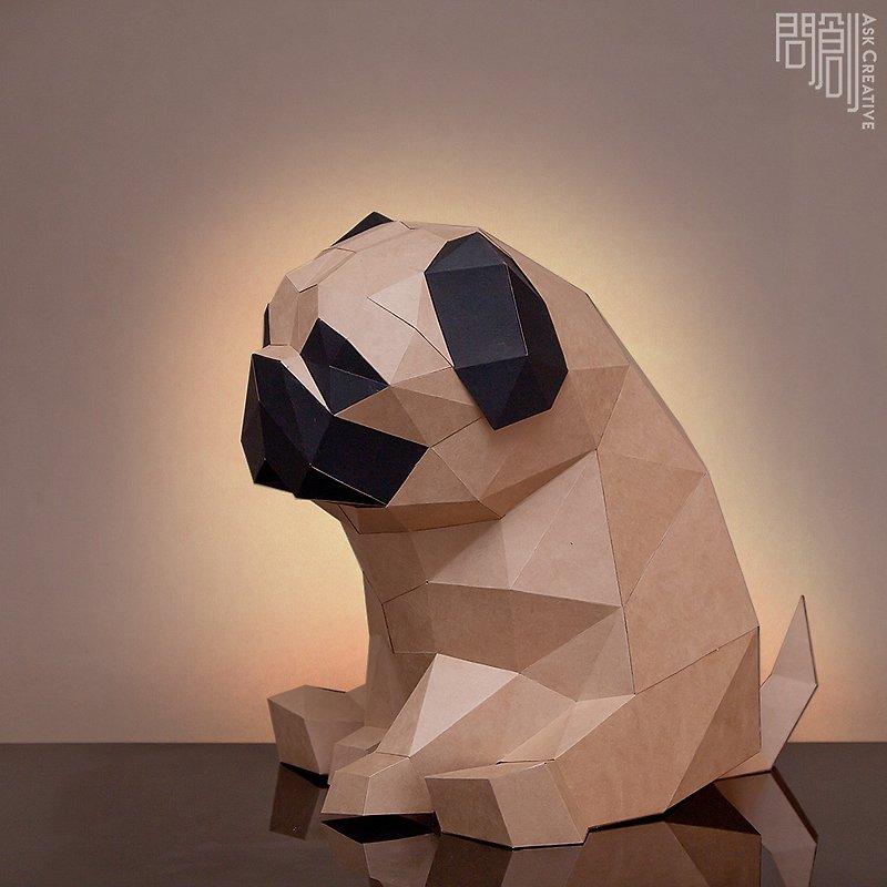 Ask a Design DIY Hand-made 3D Paper Model Dog Series-Melancholy Pug (4 colors available) - ตุ๊กตา - กระดาษ สีนำ้ตาล
