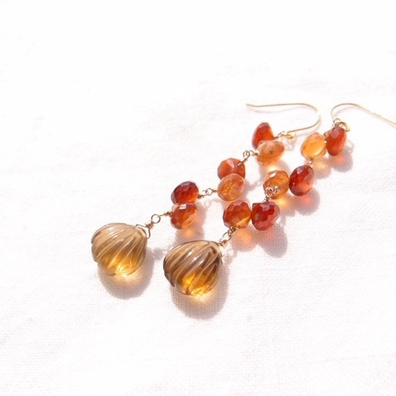 【K14gf】Beer Quartz Earrings カービングカットピアス ビアークォーツ×ガーネット - 耳環/耳夾/耳骨夾 - 寶石 咖啡色