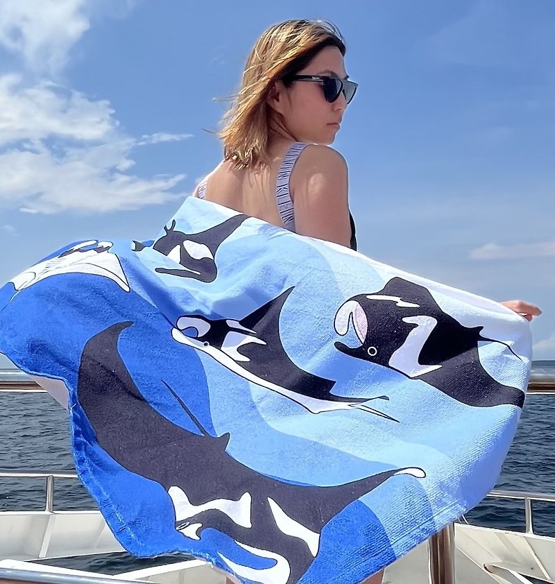野生海洋生物印花浴巾/沙灘巾 - 毛巾浴巾 - 聚酯纖維 藍色