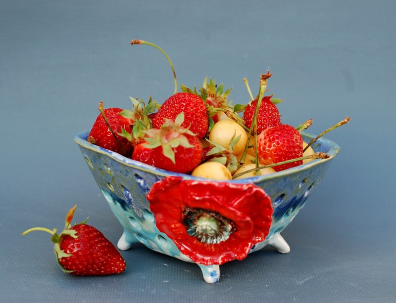 Ceramic berry bowl Poppy decor Blue vase with holes Candy bowl Fruit