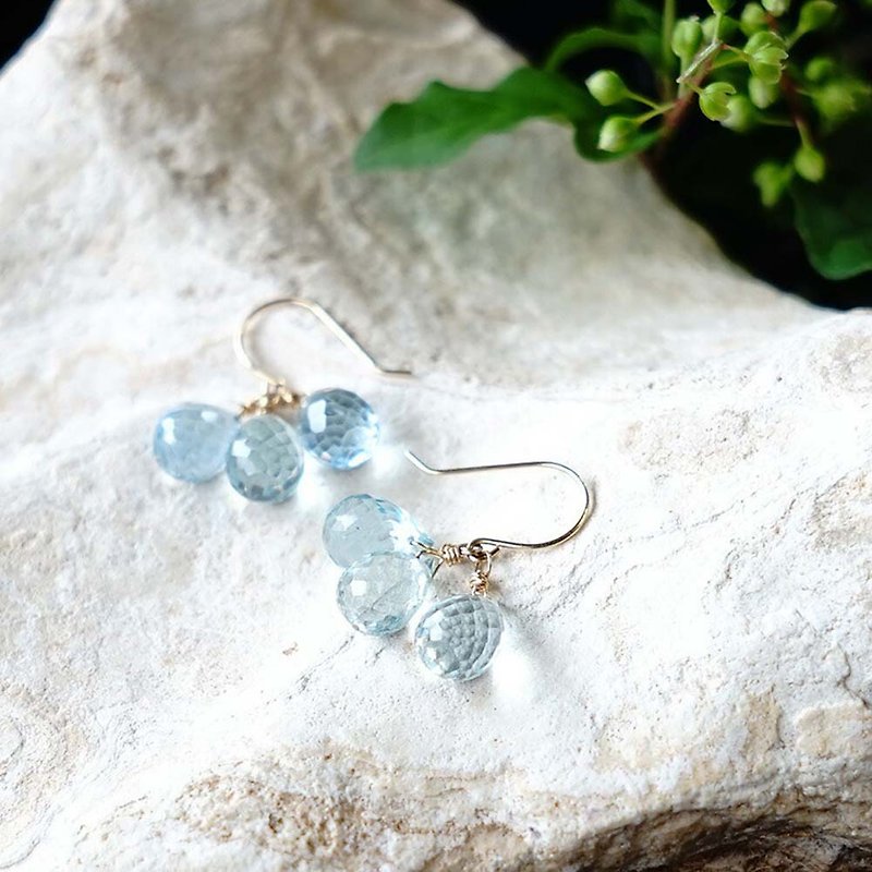 K18 Blue Topaz Drop Bunch Earrings or Clip-On Natural Stone Clear Blue Sky Blue - Earrings & Clip-ons - Other Metals Blue