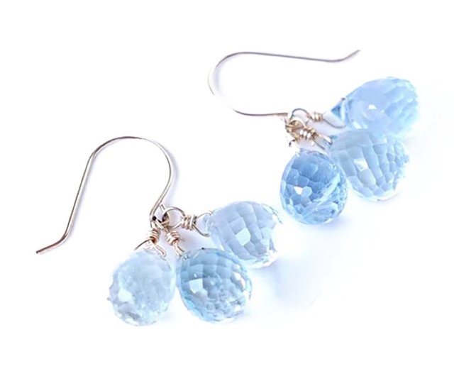K18 Blue Topaz Drop Bunch Earrings or Clip-On Natural Stone Clear