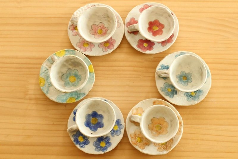 Miniature cup & saucer of powdery colorful flowers. - Small Plates & Saucers - Pottery Red
