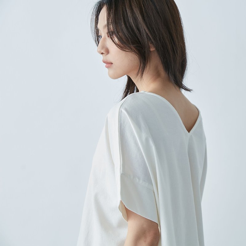 V neck drop shoulder top - White - Women's Tops - Cotton & Hemp White