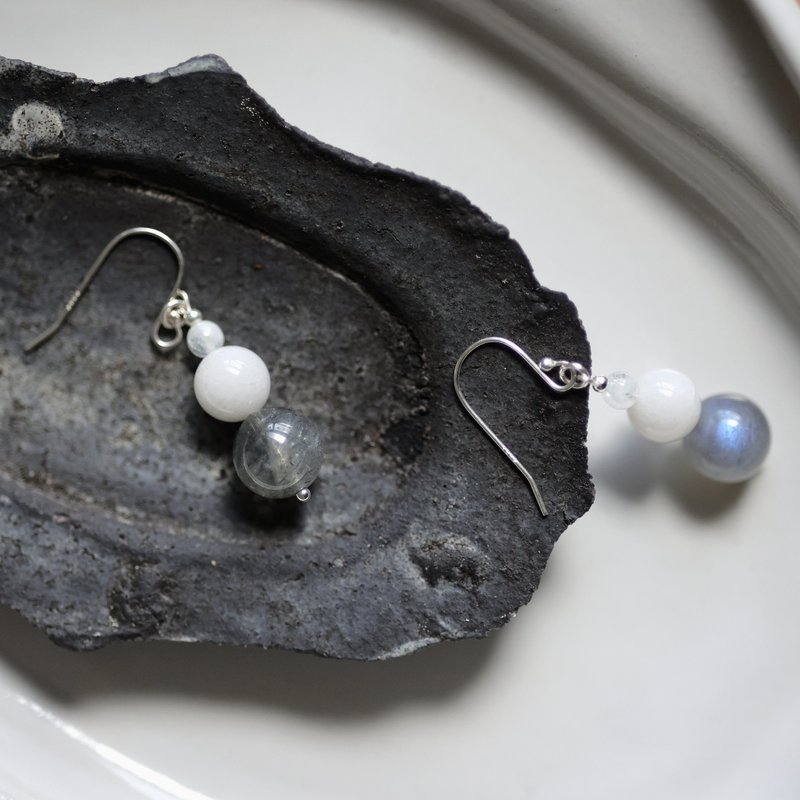 冰礫拉長石純銀耳環　可改耳夾 - 耳環/耳夾/耳骨夾 - 半寶石 灰色