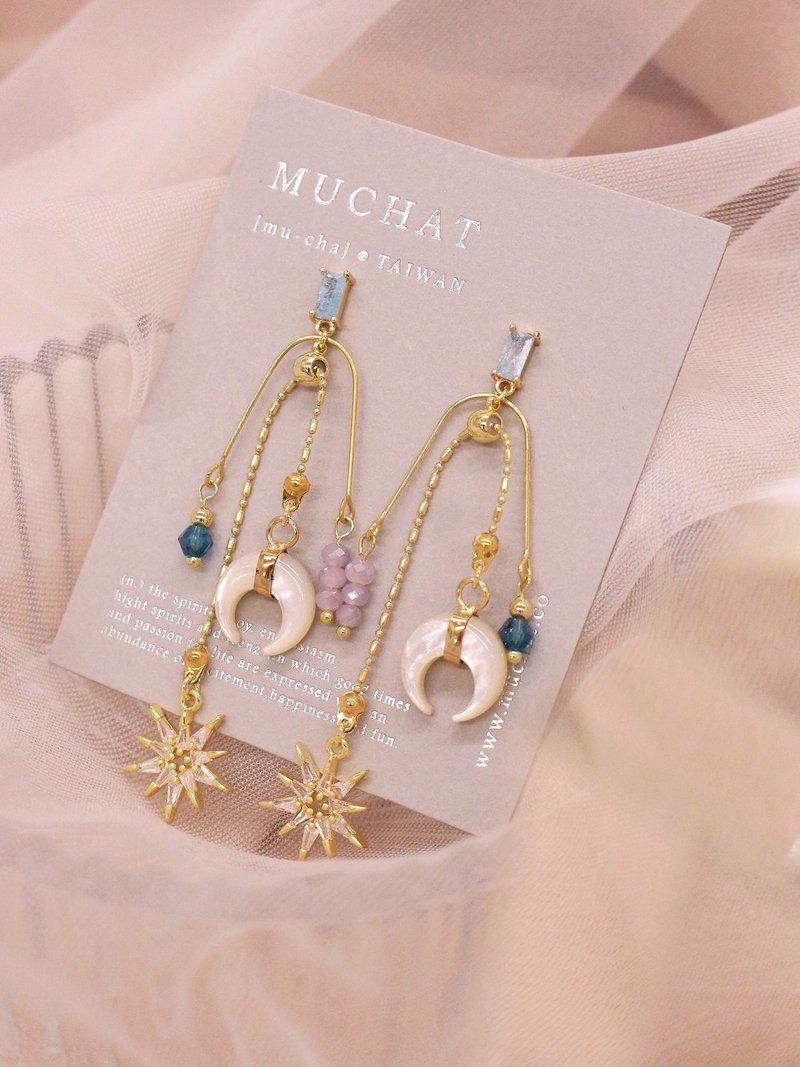 幻彩軟糖。MUCHAT手作14KGP天然貝殼星月純銀針耳環 - 耳環/耳夾/耳骨夾 - 其他金屬 金色