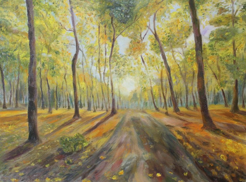 Autumn forest oil painting on canvas on cardboard - ตกแต่งผนัง - โลหะ 