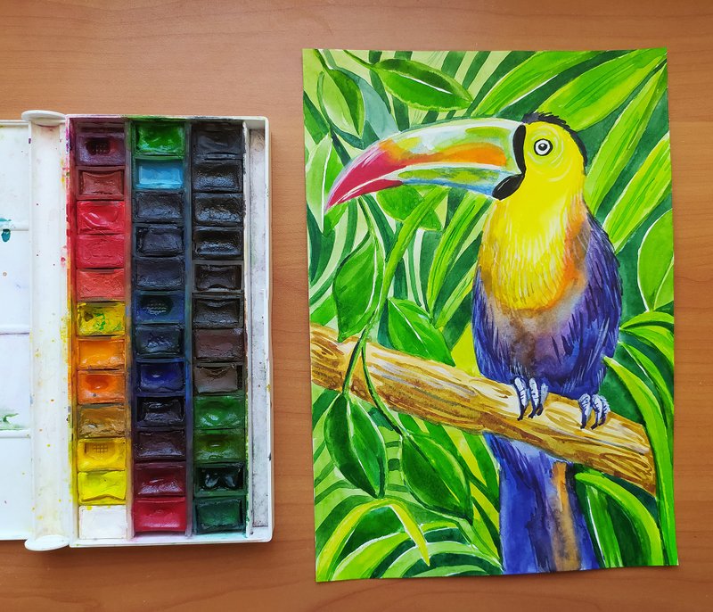 巨嘴鳥在叢林水彩藝術繪畫動物鳥原創藝術藝術品 - 壁貼/牆壁裝飾 - 紙 綠色