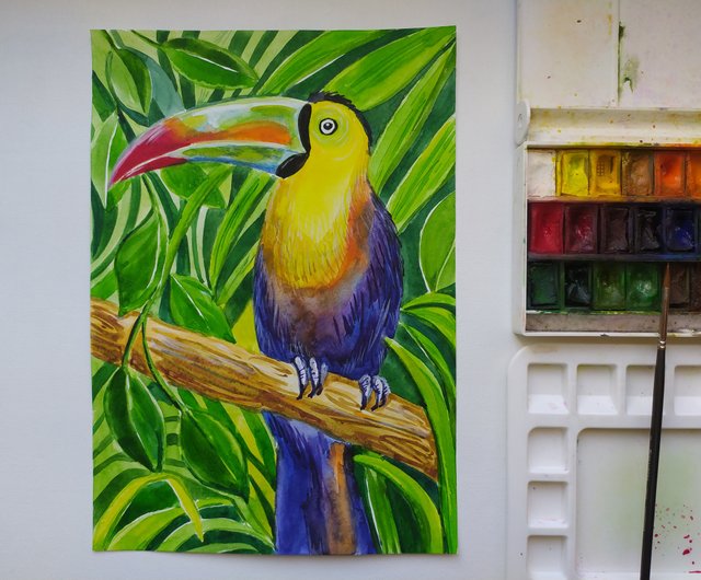 ジャングルのオオハシ水彩画アート絵画動物の鳥オリジナルアートアート 