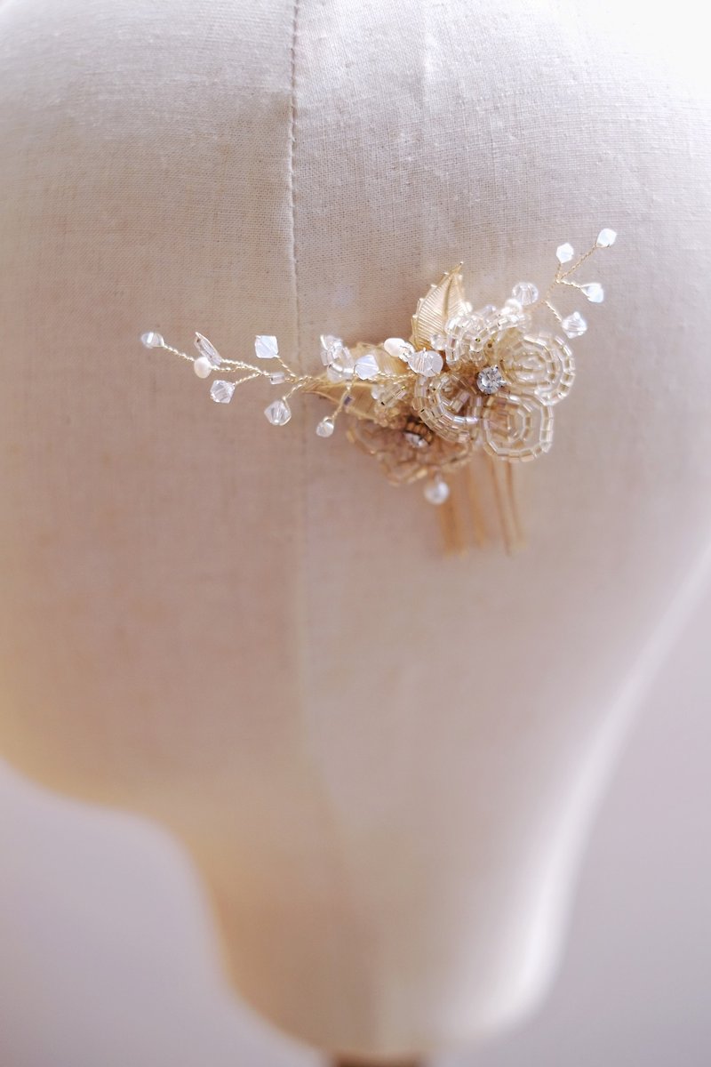 Handmade Japanese rice beads flower bridal headdress, light gold beaded flower headdress, bridal hair decoration, handmade beaded flower headdress - Hair Accessories - Crystal Gold