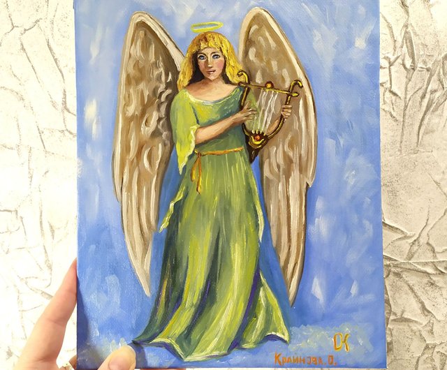天使の絵 守護天使 手作り油絵 天使 オリジナルアートワーク 掛絵画
