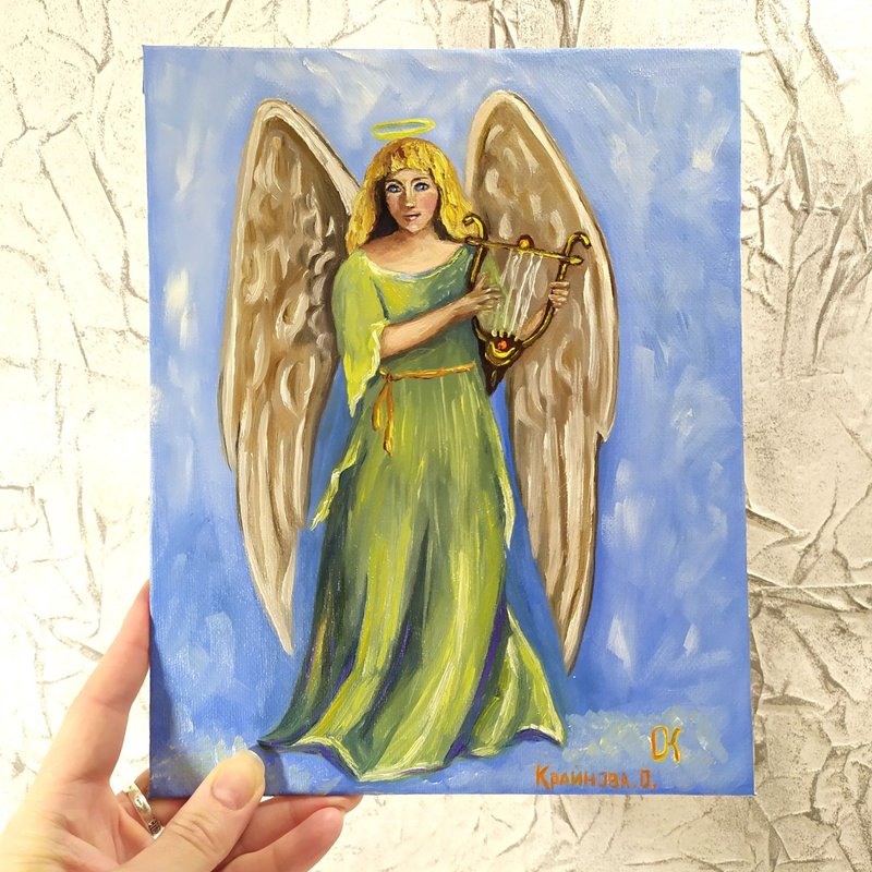 Angel Painting Guardian Angel Handmade Oil Painting Angel Original Artwork 掛畫 - ตกแต่งผนัง - วัสดุอื่นๆ หลากหลายสี