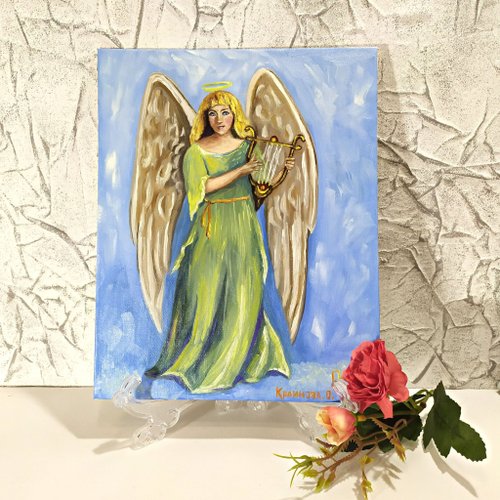 天使の絵 守護天使 手作り油絵 天使 オリジナルアートワーク 掛絵画