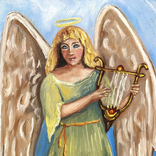 天使の絵 守護天使 手作り油絵 天使 オリジナルアートワーク 掛絵画