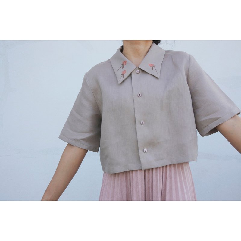 Embroidery | Linen | Cropped shirt, dull pink - Women's Shirts - Cotton & Hemp Pink