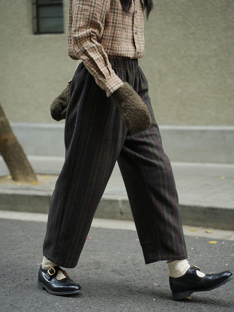 Wool Striped Elastic Waist Straight Cropped Casual Pants - กางเกงขายาว - ขนแกะ หลากหลายสี