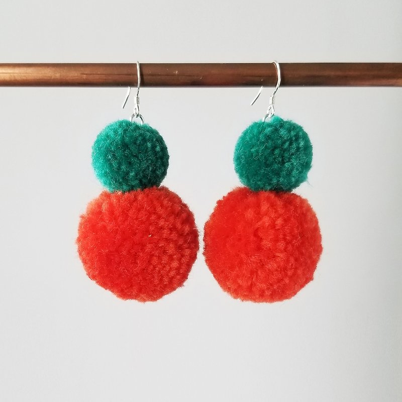 Twin pom pom (turquoise/rust) earring - ต่างหู - เส้นใยสังเคราะห์ สีส้ม