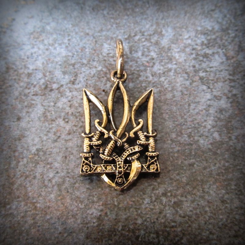 Ukraine tryzub bronze necklace pendant,handmade ukraine national symbol charm - Charms - Copper & Brass Gold