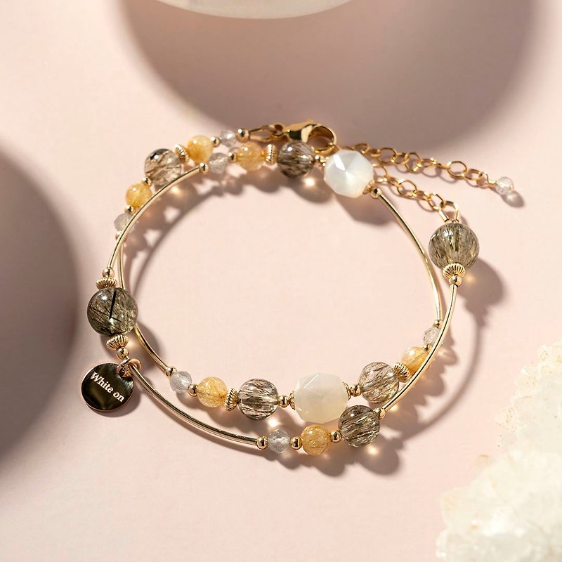 Green Hair Tourmaline Gold Titanium Crystal Moonstone 14K Gold Covered Double Circle Crystal Bracelet Gift - Bracelets - Crystal Red