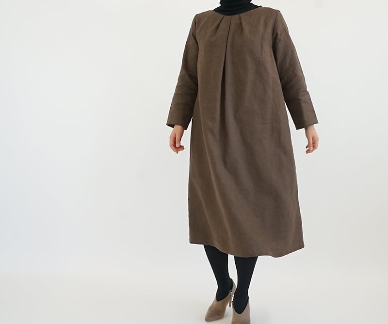 Warm linen neat tuck dress / burnt amber a37-12 - One Piece Dresses - Cotton & Hemp Brown