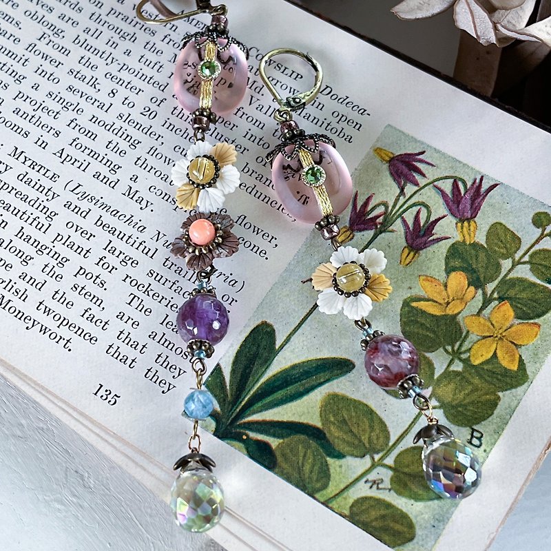 Pierced Clip-On ethnic vintage beaded flower lover long - Earrings & Clip-ons - Semi-Precious Stones Purple