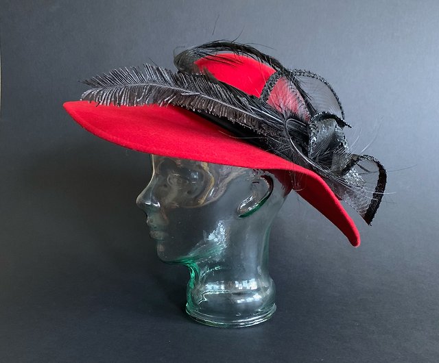 アンティーク帽子/レッドウールと羽飾りの古い帽子 - ショップ lillico