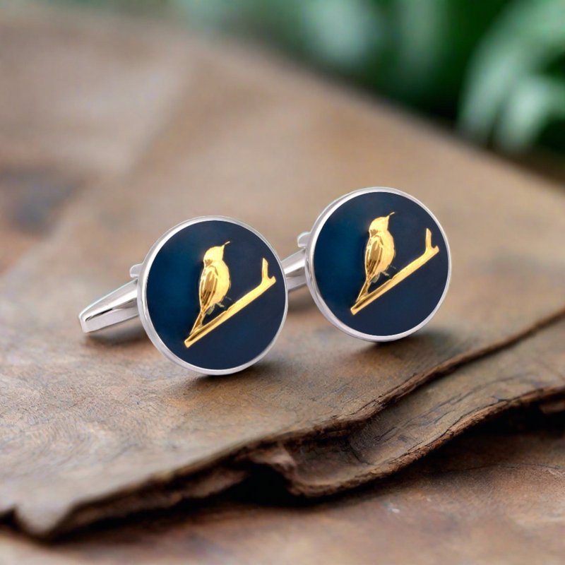 Round Cufflink with Gold Bird Print - Cuff Links - Other Materials Gold