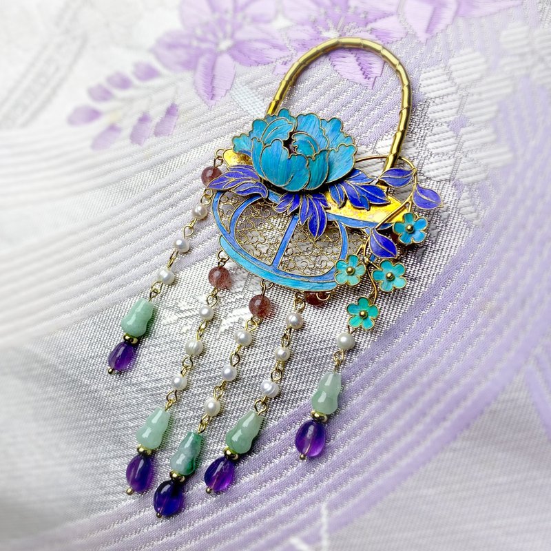 全手工製作 銀鍍金 花絲鑲嵌 點翠工藝 花籃造型胸針 - 胸針 - 銀 金色