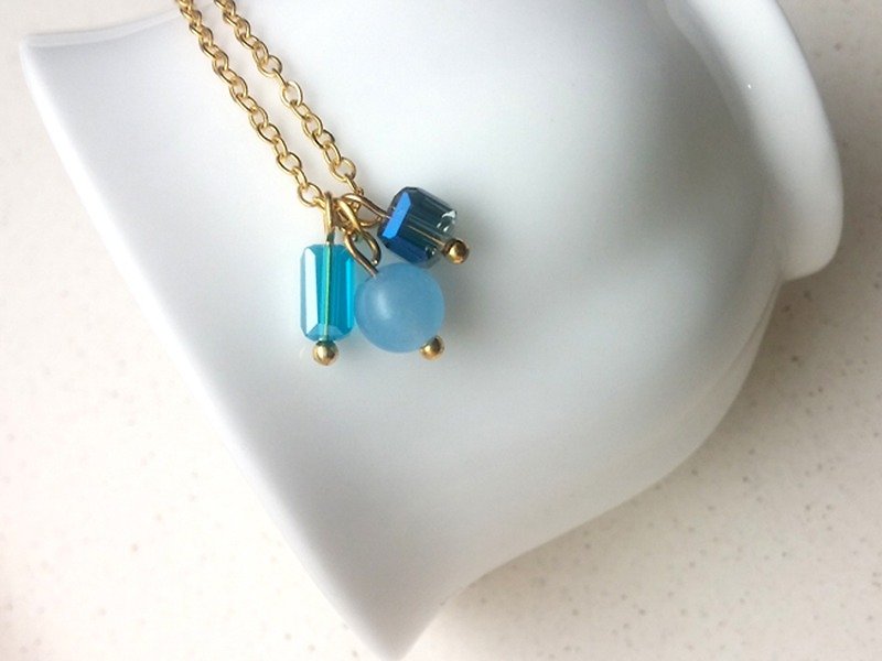 ♥ HY ♥ x necklace handmade crystal blue chalcedony long. Square. Circular blue line - Collar Necklaces - Gemstone Blue