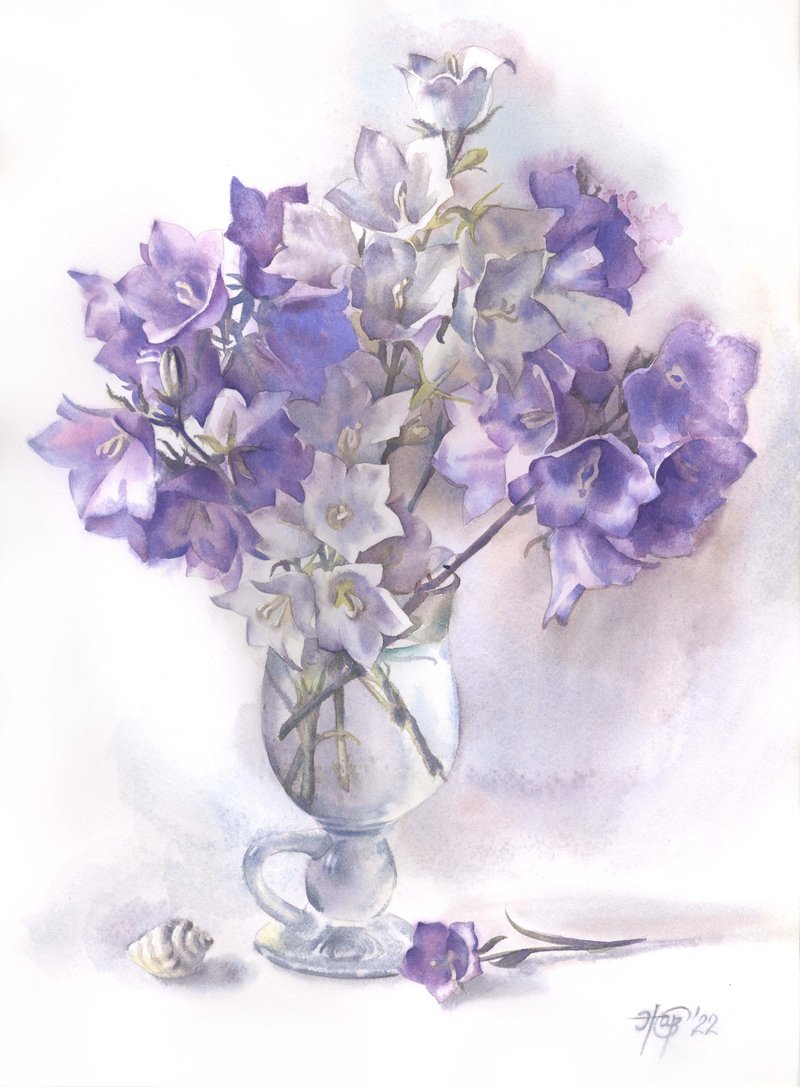 Bluebell in vase watercolor poster by artist Irina Zhunaeva - 海報/掛畫/掛布 - 紙 藍色