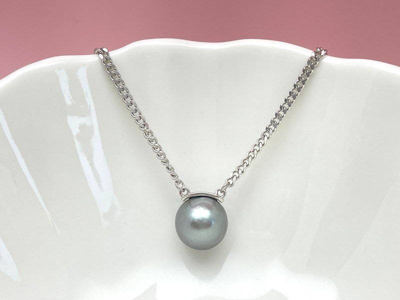 Natural Seawater Pearl Tahitian Platinum Grey Thick Silver Necklace - สร้อยคอ - ไข่มุก สีเงิน