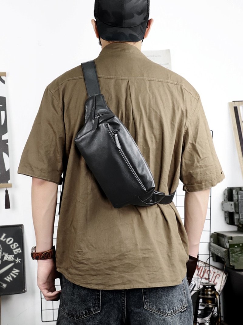 Men's Chest Shoulder Bag Genuine Leather Crossbody Bags Sporting Waist Pack - กระเป๋าแมสเซนเจอร์ - หนังแท้ สีดำ