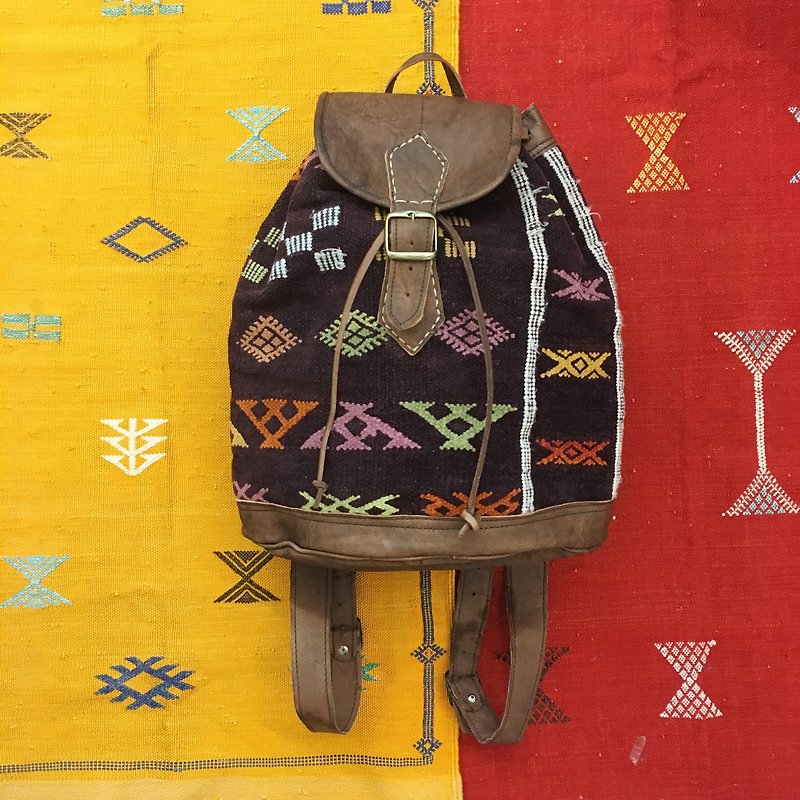 モロッコ紫手織り絨毯はラムスキンのバックパック全国風のアクセサリー後のレベル - リュックサック - 革 パープル