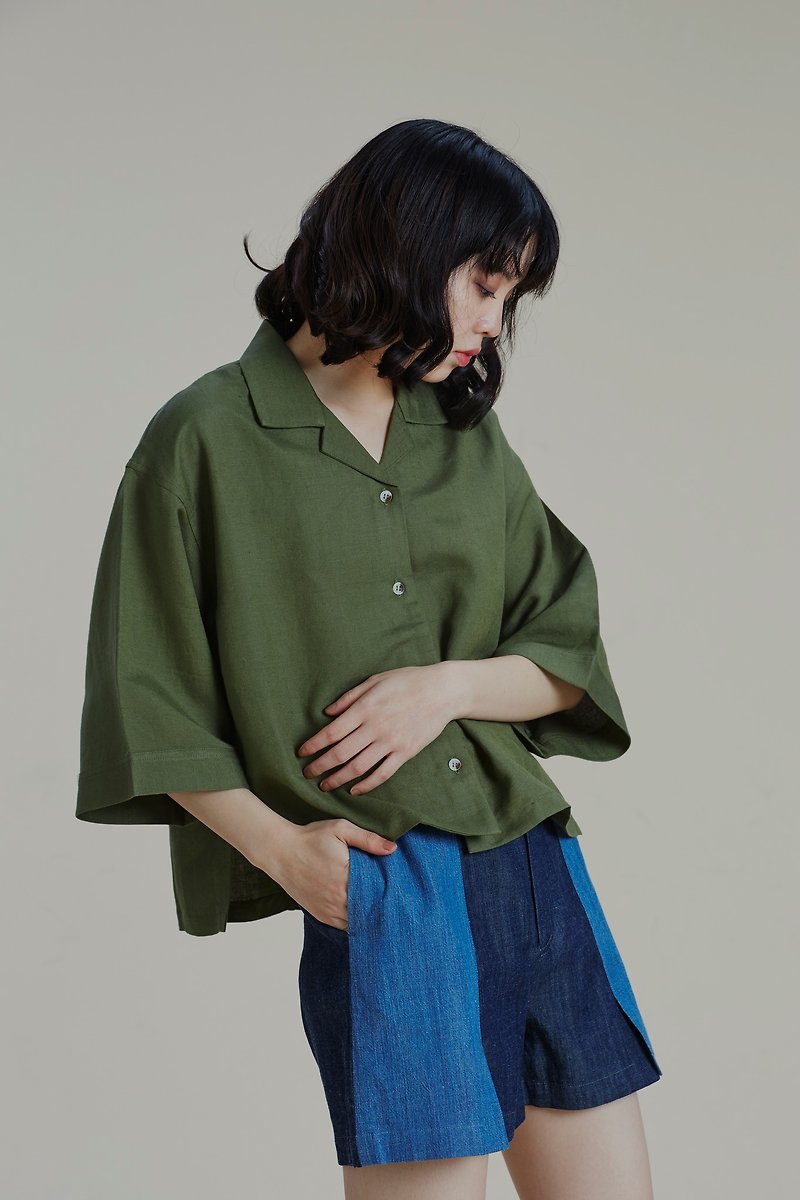 Shan Yong Green National Collar Linen Shirt Top - เสื้อเชิ้ตผู้หญิง - ผ้าฝ้าย/ผ้าลินิน 