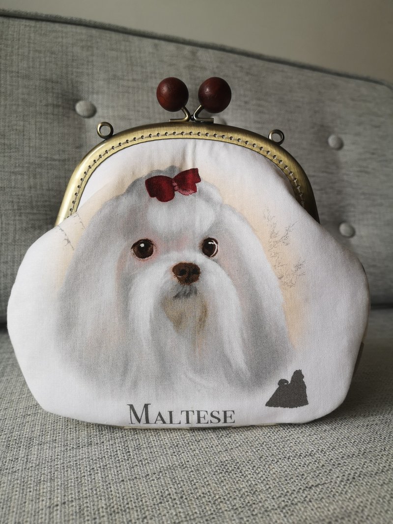 只此一個【萌寵出街】馬爾濟斯Maltese布藝口金化粧包/斜揹袋 - 化妝包/收納袋 - 棉．麻 灰色