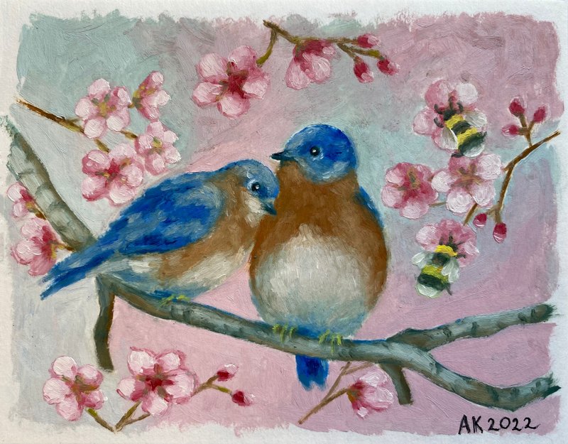 Spring Time oil painting, love birds, bee, artwork, flower blossoms, pink color - ตกแต่งผนัง - วัสดุอื่นๆ สึชมพู