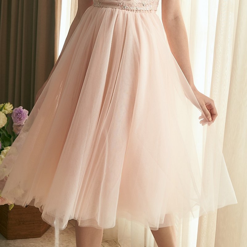 Lisa莉沙-粉短紗裙 - 裙子/長裙 - 聚酯纖維 粉紅色