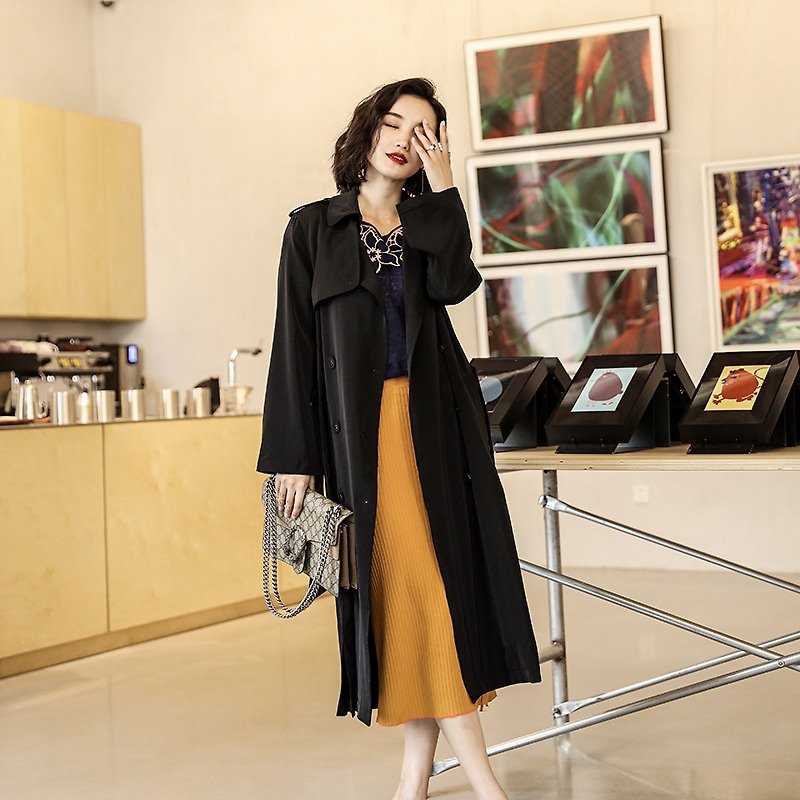 Black coat / classic coat coat-M - Women's Blazers & Trench Coats - Polyester Black