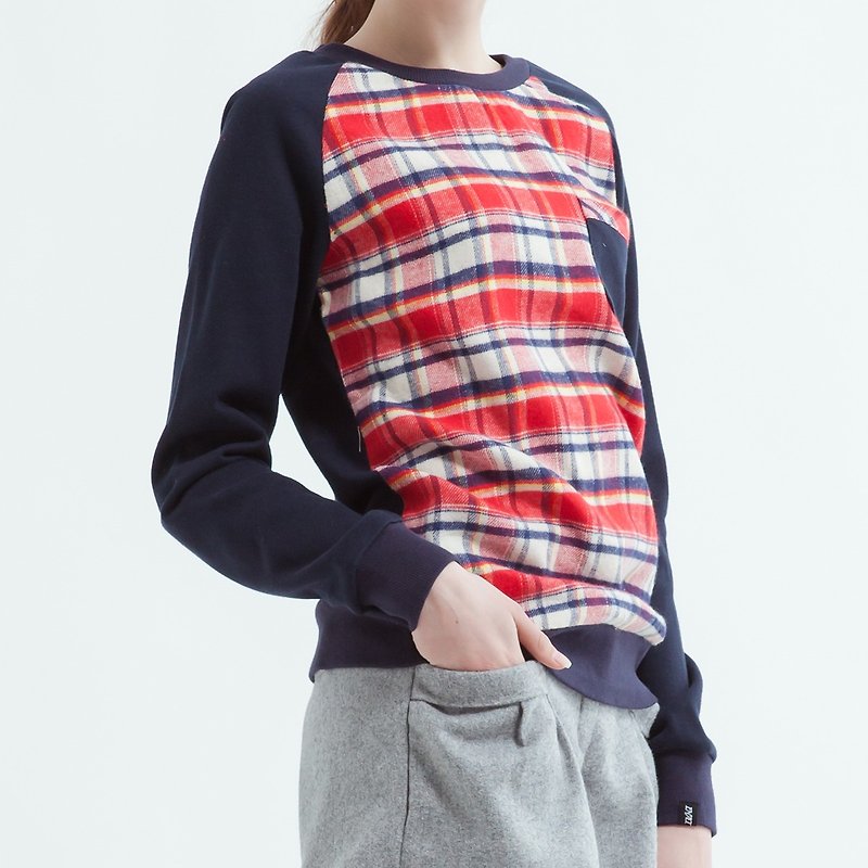 Cute Sweatshirt With Check Front - Red - Women's Tops - Cotton & Hemp Red